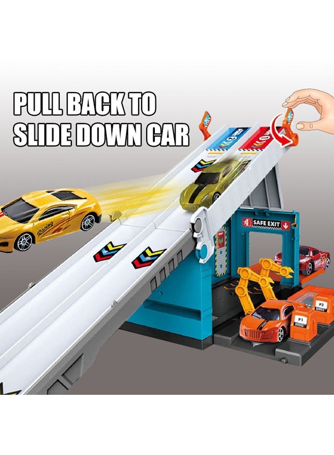 Die-Cast Vehicles, Storage & Ejection Competitive Track Parking Lot, Race Car Track Toy Truck Set with Foldable Race Tracks, Transport Car Carrier for Toddlers, Cars Toy Set Container Truck with 4 Alloy Cars, Vehicles Toy Set for 3+ Kids Boys & Girls  - Image 4
