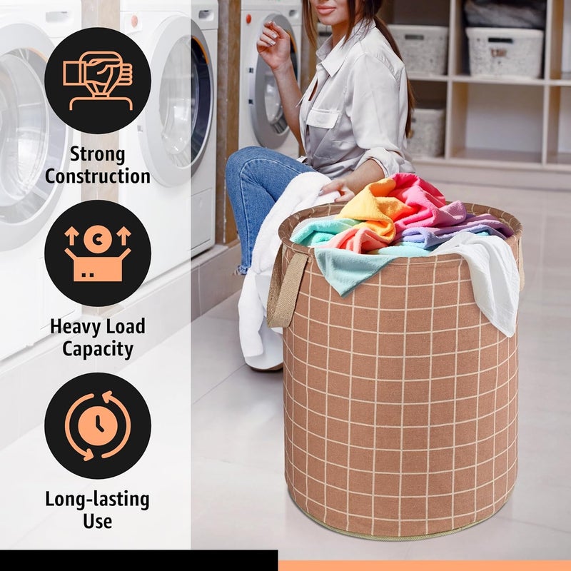 Kuber Industries 45L Foldable Dirty Clothes Laundry Basket With Handles For Washing Baby Unwashed Dress BinStorage Box Checkered Light Brown - Image 4