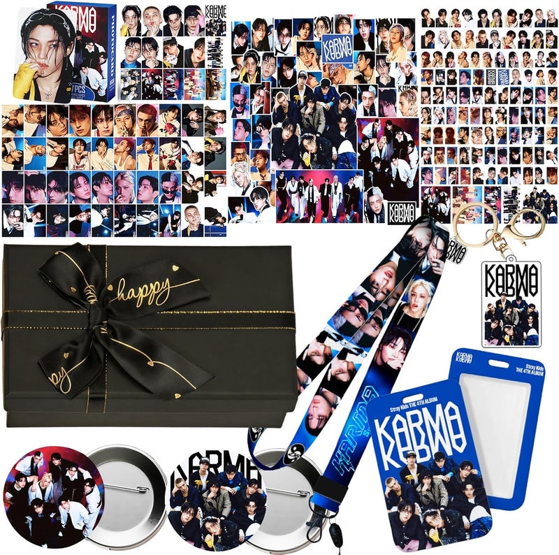 PYAJUU Stray Kids KARMA Album Gift Box Set, Including 55PCS KARMA Photocards, 100PCS Album Sticker Pack, 1 Lanyards, Card Holder, 1 Stray Kids Keychain and 2 Badge Gift for STAY Straykids Merch - Image 1