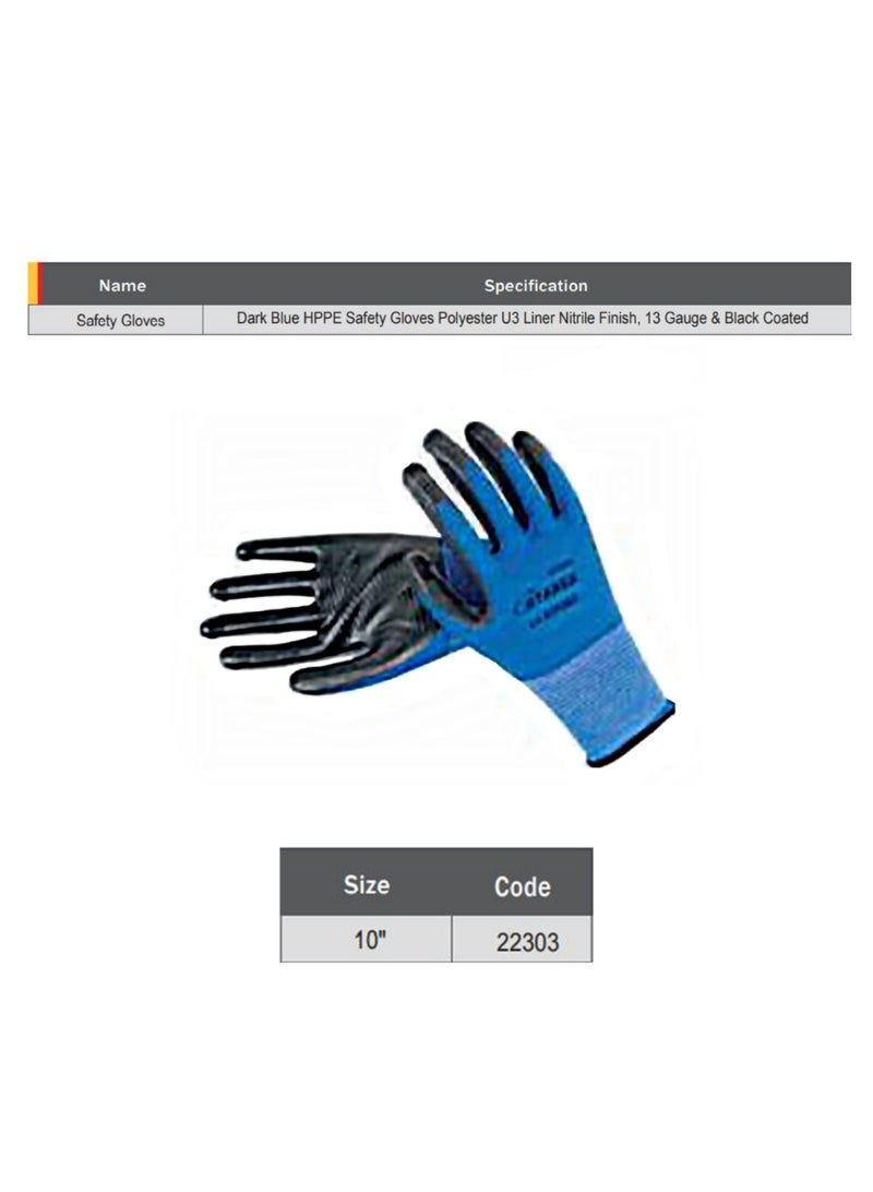 Starex Safety Gloves 10" 13G Dark Blue Polyester U3 Liner Nitrile Black Coated ST22303