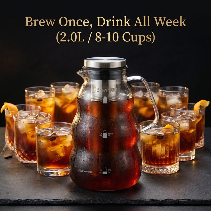 BrewMOO- Cold Brew Coffee Maker (2.0L/68Oz), Sleek Wave Borosilicate Glass Pitcher with Stainless Steel Filter, Airtight Lid + Wide Spout + Comfort Handle, Effortless Manual, Sophisticated Gift - Image 4