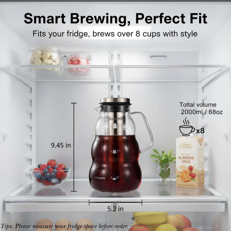 BrewMOO- Cold Brew Coffee Maker (2.0L/68Oz), Sleek Wave Borosilicate Glass Pitcher with Stainless Steel Filter, Airtight Lid + Wide Spout + Comfort Handle, Effortless Manual, Sophisticated Gift - Image 3