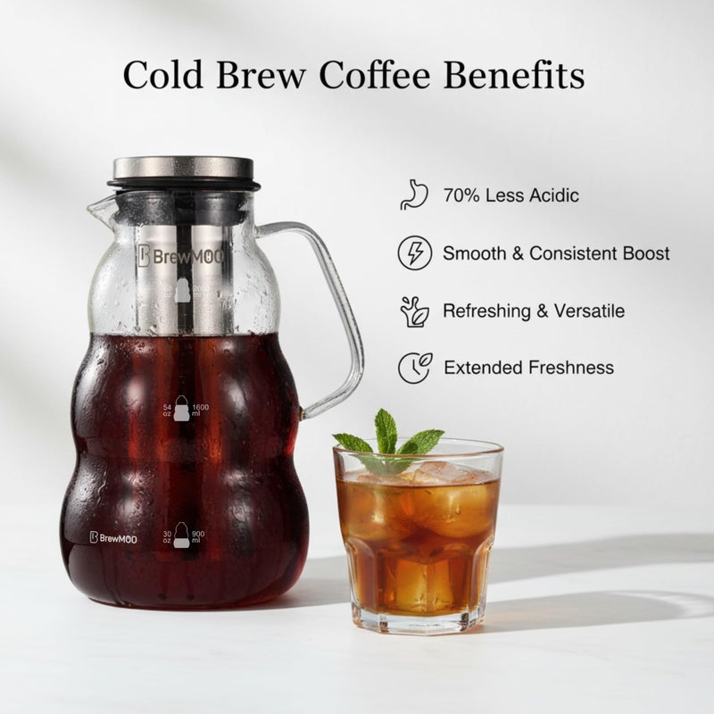BrewMOO- Cold Brew Coffee Maker (2.0L/68Oz), Sleek Wave Borosilicate Glass Pitcher with Stainless Steel Filter, Airtight Lid + Wide Spout + Comfort Handle, Effortless Manual, Sophisticated Gift - Image 2