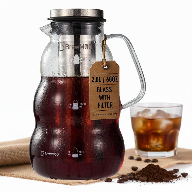 BrewMOO- Cold Brew Coffee Maker (2.0L/68Oz), Sleek Wave Borosilicate Glass Pitcher with Stainless Steel Filter, Airtight Lid + Wide Spout + Comfort Handle, Effortless Manual, Sophisticated Gift - Image 1