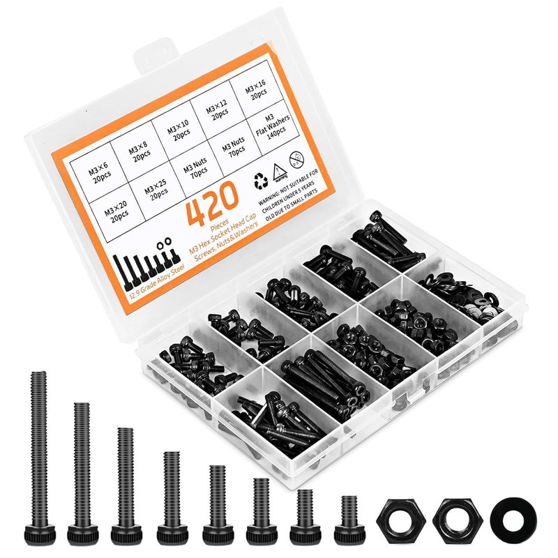 CARLWIN 420pcs M3 Screw Kit, Premium M3 Bolts for 3D Printing, Hex Socket Head Cap Screw Assortment with Nuts and Washers, M3 x 6mm /8mm /10mm /12mm /16mm /20mm /25mm (Black) - Image 1