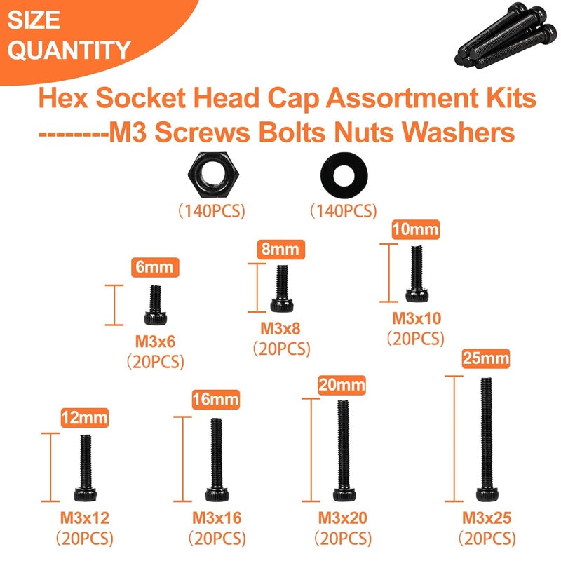 CARLWIN 420pcs M3 Screw Kit, Premium M3 Bolts for 3D Printing, Hex Socket Head Cap Screw Assortment with Nuts and Washers, M3 x 6mm /8mm /10mm /12mm /16mm /20mm /25mm (Black) - Image 2