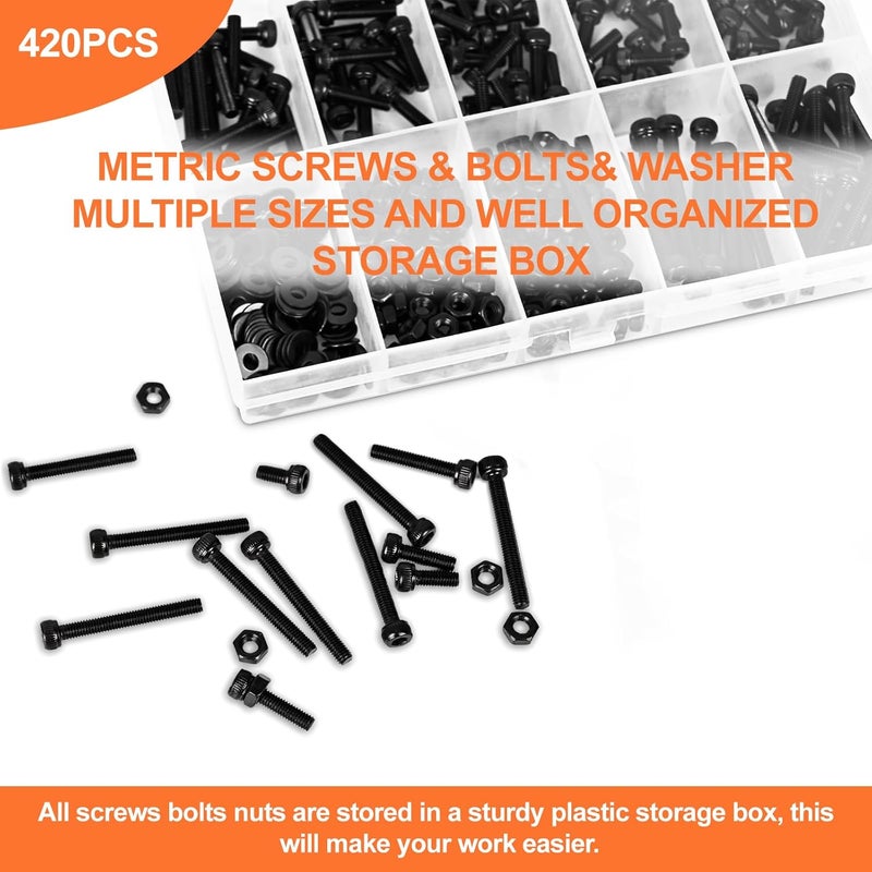 CARLWIN 420pcs M3 Screw Kit, Premium M3 Bolts for 3D Printing, Hex Socket Head Cap Screw Assortment with Nuts and Washers, M3 x 6mm /8mm /10mm /12mm /16mm /20mm /25mm (Black) - Image 3