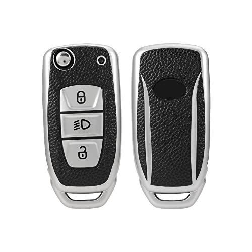 Keyzone Leather TPU Key Cover Compatible for Tata Curvv, Nexon, Harrier, Safari, Punch, Altroz, Tiago, Tigor 3 Button flip Key (Black) - Image 1