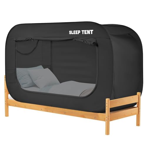 YAVIL Bed Canopy Bed Tent Dream Tents Privacy Space Twin Size Sleeping Tents Indoor Pop Up Portable Frame Curtains Breathable with Mosquito Mesh Window for Kids and Adult (Mattress Not Included) Black - Image 1