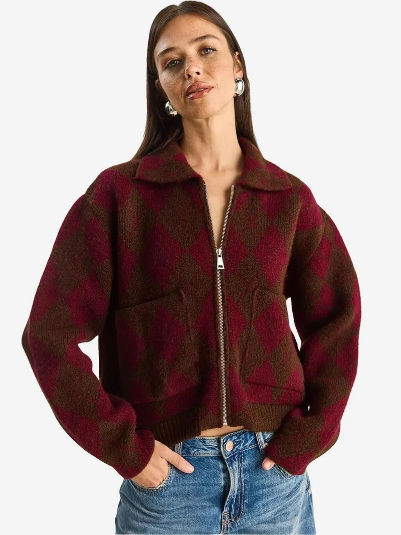 LUCCI Thick Jacquard Knit Cardigan with Zipper