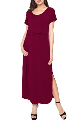 Smallshow Women's Maternity Nursing Dresses Split Long Dress for Breastfeeding Medium Burgundy - Image 2