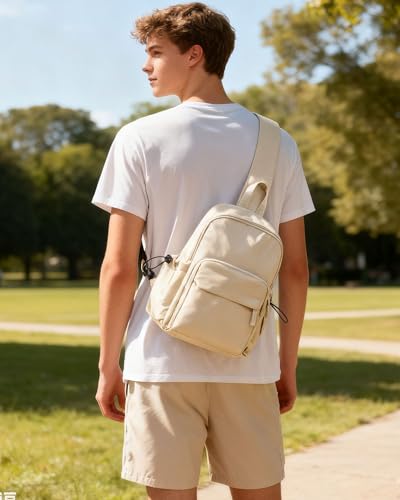 SEAFEW Sling Crossbody Bag for Men Women Tactical Backpack Shoulder Daypack Mini AntiTheft Motorcycle Chest Bags Small One Strap Backpack for Casual Travel Hiking Outdoor Sports Off White - Image 3