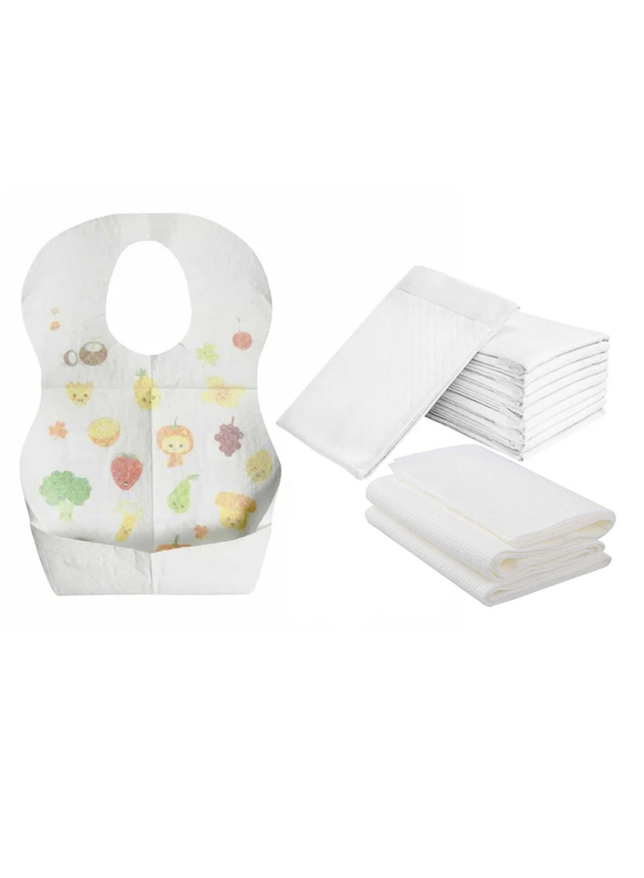 STAR BABiES Combo Pack Pack Disposable Changing Mat 10Pcs Disposable Towel 3Pcs Bibs 10Pcs-White