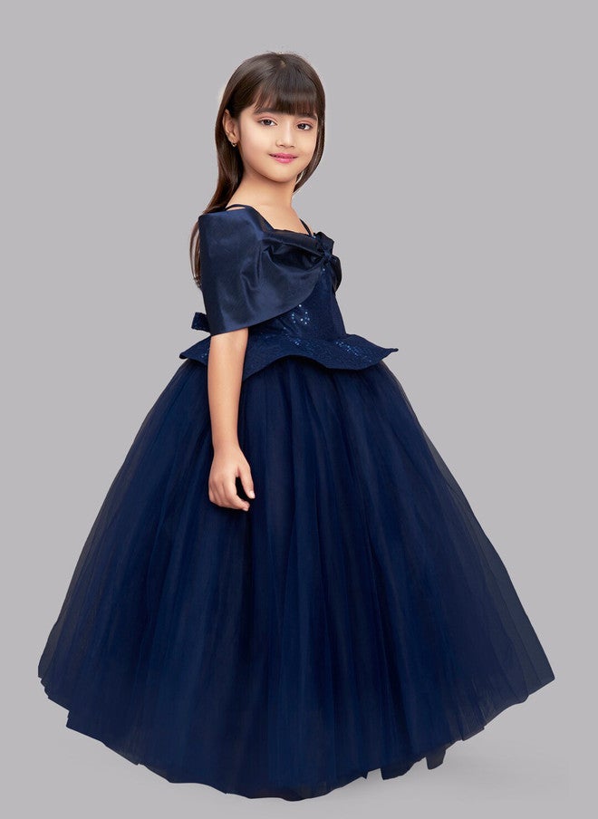 PinkChick Navy Blue Off-Shoulder Sequinned Party Dress for Girls - Image 3