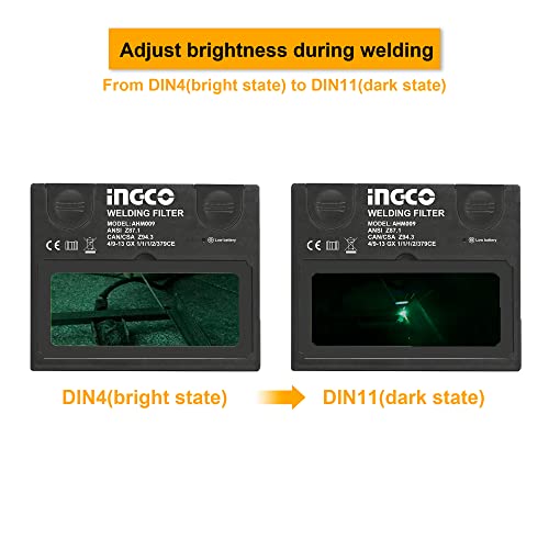 INGCO Auto Darkening Welding Helmet, Solar Powered Welding Mask, 90×35mm | 2 Arc Sensor | 1/5000s Switching time | DIN 16 UV/IR Protection Welding Hood for Welding, Grinding, Cutting and so on - Image 5