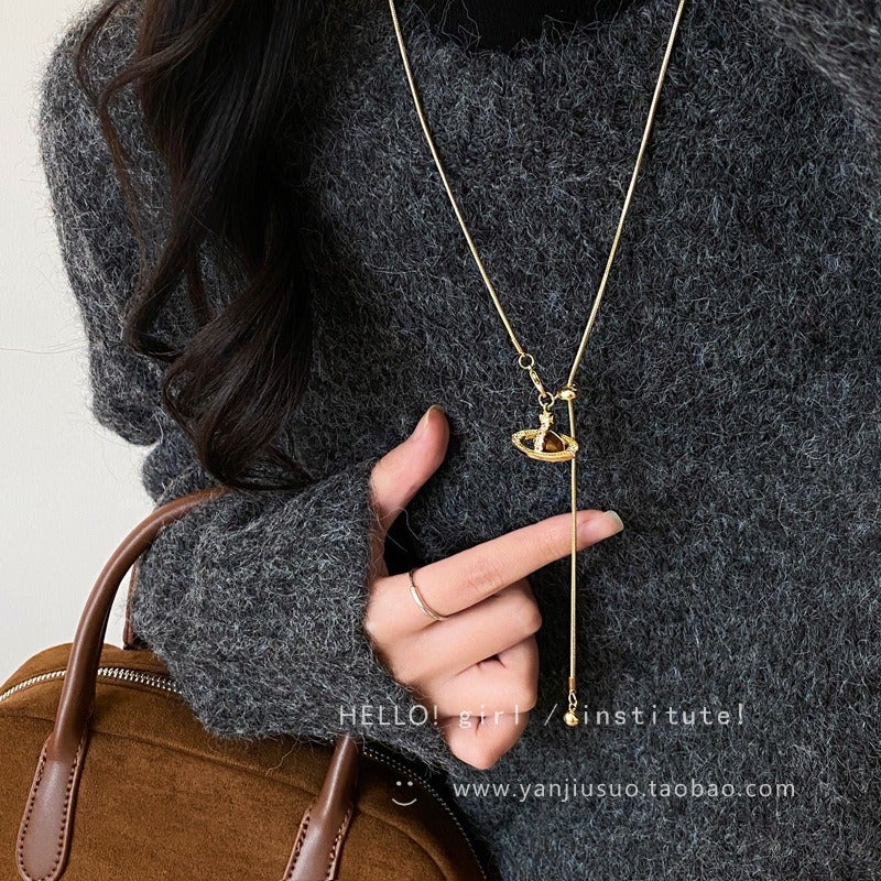 Titanium Steel Saturn Pearl Pendant Necklace for Women - 2025 New Luxury Long Sweater Chain Accessory