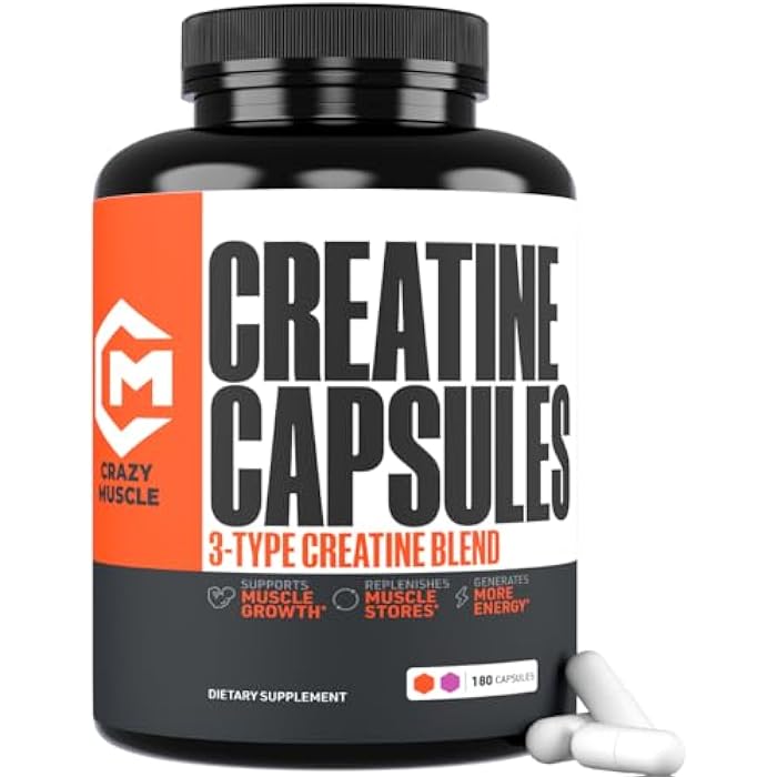 Crazy Muscle Creatine Capsules, 5g Premium 3X ThreeAtine Pre Workout Bulk Muscle Mass Gainer, High Absorption Easy to Take Creatine Monohydrate Pills Alternative Optimum Performance for Men Women, 180 Capsules - Image 1