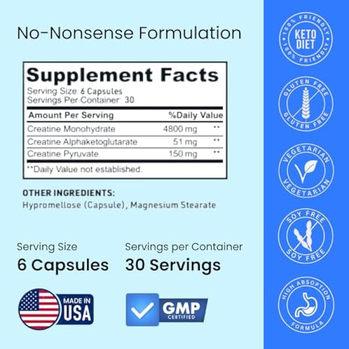 Crazy Muscle Creatine Capsules, 5g Premium 3X ThreeAtine Pre Workout Bulk Muscle Mass Gainer, High Absorption Easy to Take Creatine Monohydrate Pills Alternative Optimum Performance for Men Women, 180 Capsules - Image 3