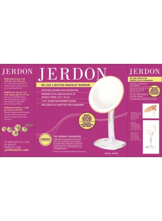 Jerdon Lighted Tabletop Makeup Mirror - Makeup Mirror with 5X Magnification in Rose Gold Finish - 7.25-inch Round Vanity Mirror - Model JS725RL - Image 5