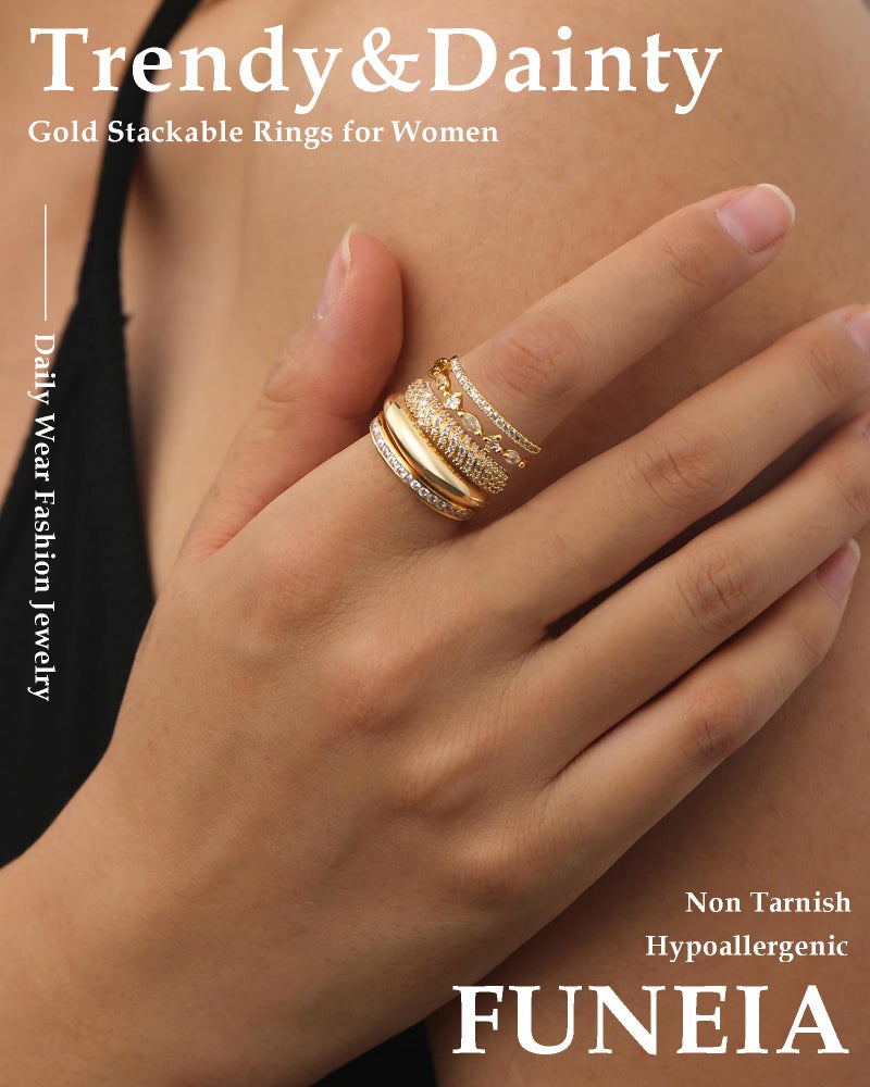 FUNEIA Stackable Gold Rings for Women Non Tarnish Trendy Dainty 14K Gold Plated Stacking Cubic Zirconia Thumb Ring Set Pack Statement Chunky Band Rings Promise Engagement Rings Size 7 8 9 10 11 - Image 2