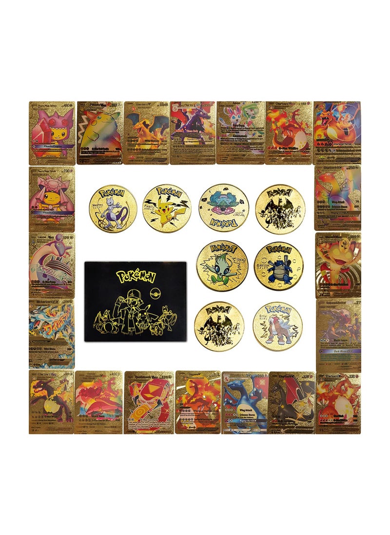 Pokemon 27PCS  Gold Cards with 8 Collectible Coins Set Gold Metal Commemorative Coin with Golden Rare Cards Packs in A Box Best Gifts for Collectors Kids  - Image 1