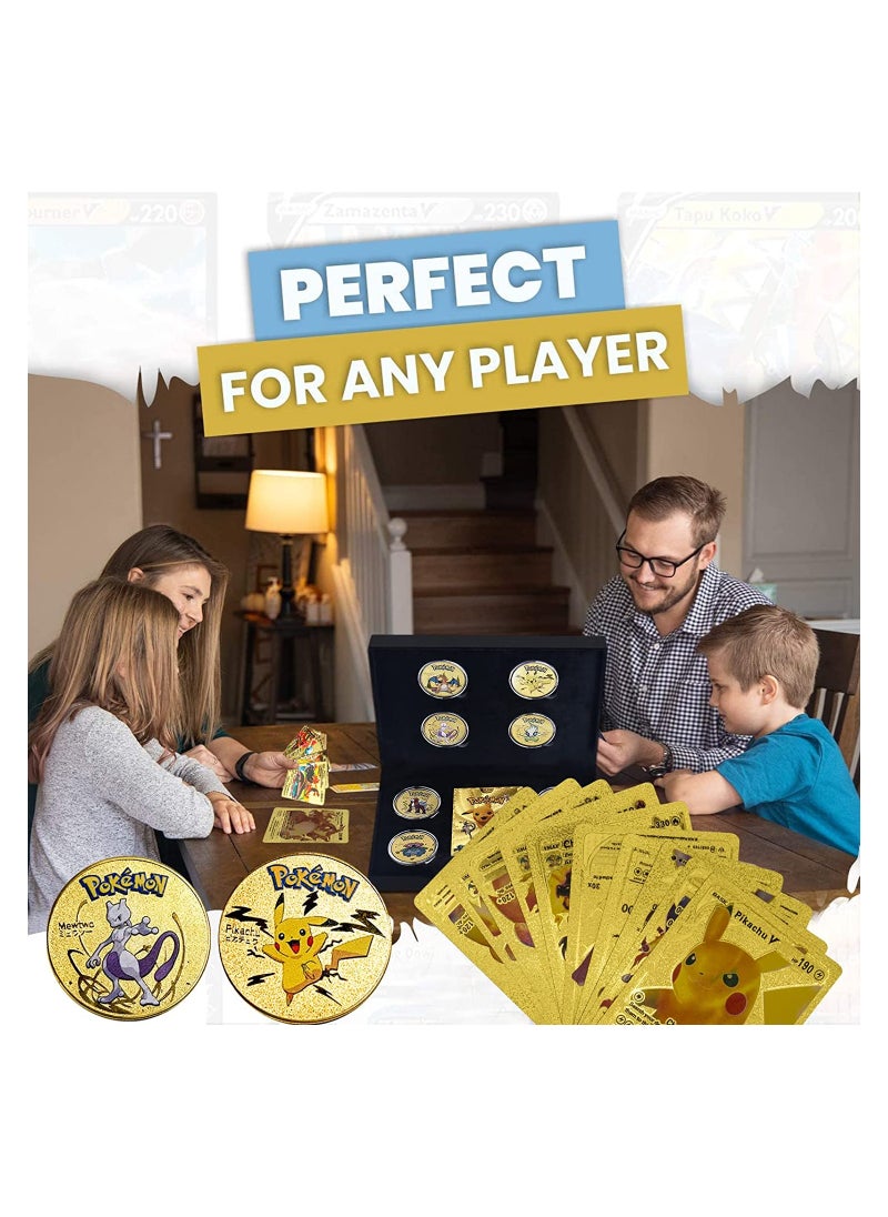 Pokemon 27PCS  Gold Cards with 8 Collectible Coins Set Gold Metal Commemorative Coin with Golden Rare Cards Packs in A Box Best Gifts for Collectors Kids  - Image 5