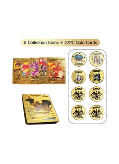 Pokemon 27PCS  Gold Cards with 8 Collectible Coins Set Gold Metal Commemorative Coin with Golden Rare Cards Packs in A Box Best Gifts for Collectors Kids  - Image 2