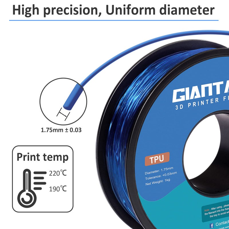 GIANTARM TPU Filament 1.75mm Flexible Soft 3D Printer Consumables Blue,95A 1kg Spool (2.2 lbs.), Dimensional Accuracy +/- 0.05 mm - Image 5
