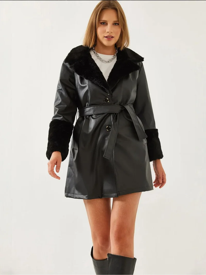 Bianco Lucci LUCCI Faux Leather Coat with Faux Fur Collar and Cuff