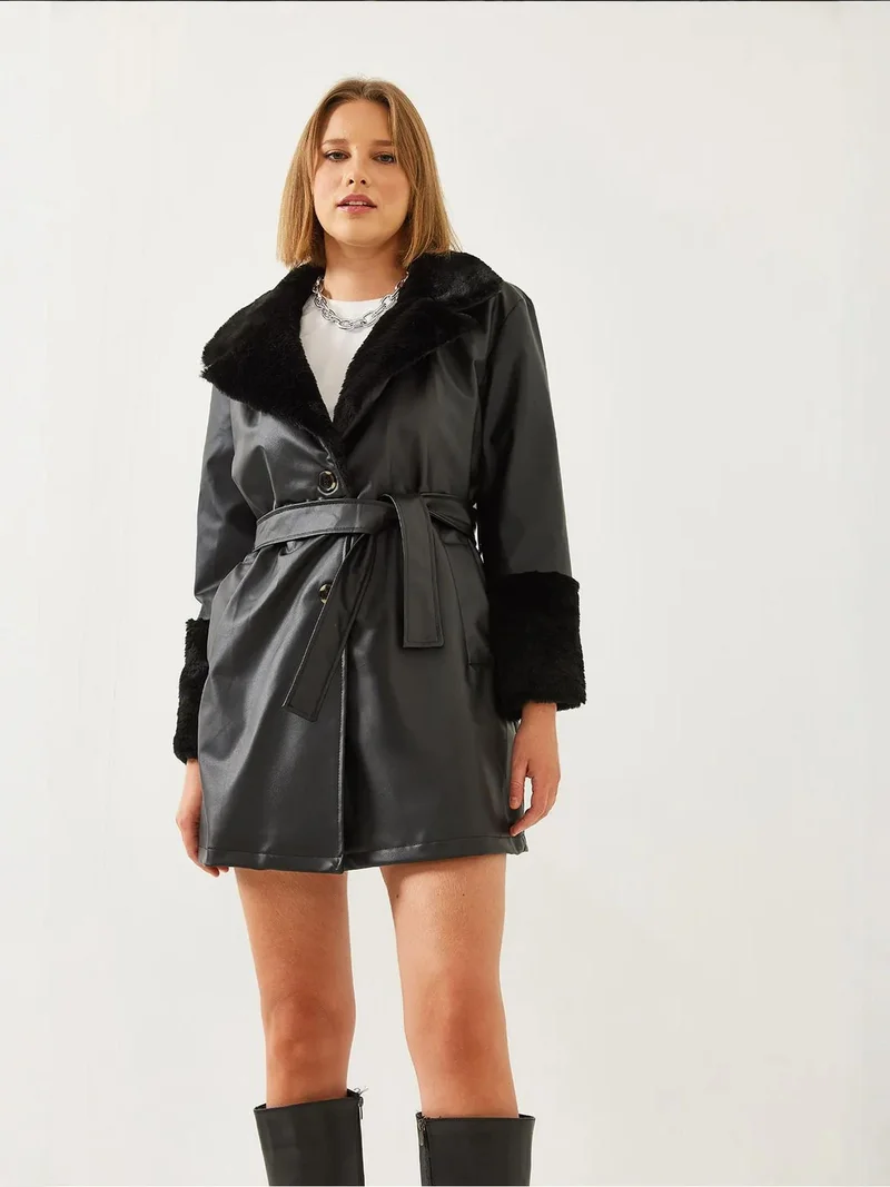 Bianco Lucci LUCCI Faux Leather Coat with Faux Fur Collar and Cuff
