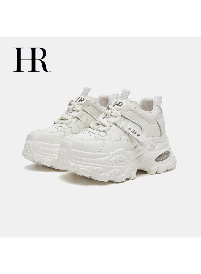 Hrhr Women's Shoes 2025 Winter New Thick Sole Height Increasing Dad Sneakers Sports Casual Shoes Beige Size 37 - Image 3