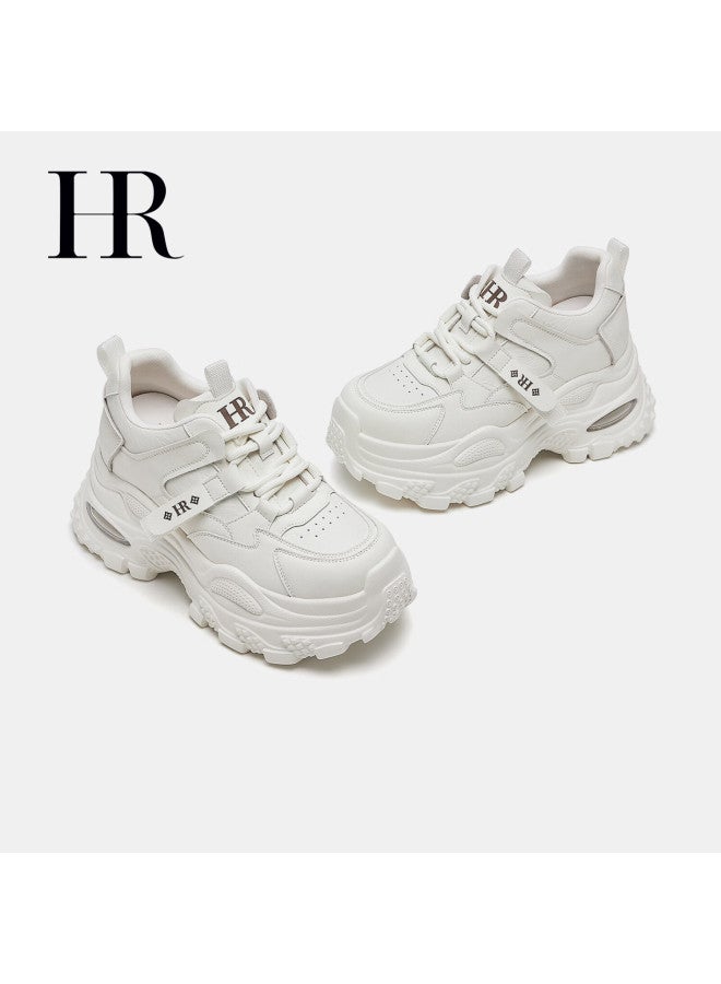 Hrhr Women's Shoes 2025 Winter New Thick Sole Height Increasing Dad Sneakers Sports Casual Shoes Beige Size 37 - Image 4