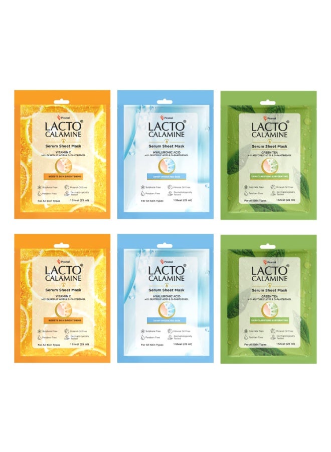 Lacto Calamine Face Sheet Masks | Combo Pack | Vitamin C, Hyaluronic Acid & Green Tea Face Sheet Masks | Brightening, Hydrating & Clarifiying | 150ml (Pack of, 6) - Image 1