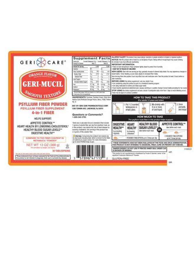 GeriCare - Geri-Mucil Psyllium Powder By GeriCare|4-In-1 Orange-Flavor Psyllium Husk Powder| Daily Fiber Supplement| Sweetened Gluten-Free Fiber Drink Mix| Water-Soluble Husk Fiber Powder For Bowel Movement|13oz - Image 1