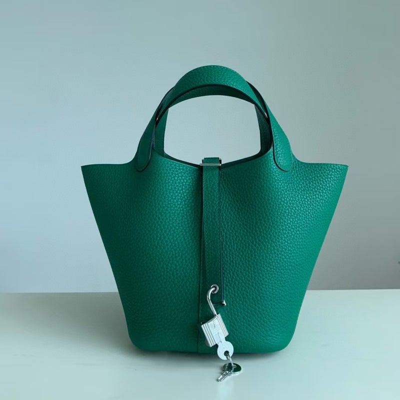 18cm Wax Line Hand Sewed TC Top Layer Cowhide Vegetable Basket Bag Bucket Bag Genuine Leather Womens Bag Handbag Velvet green 