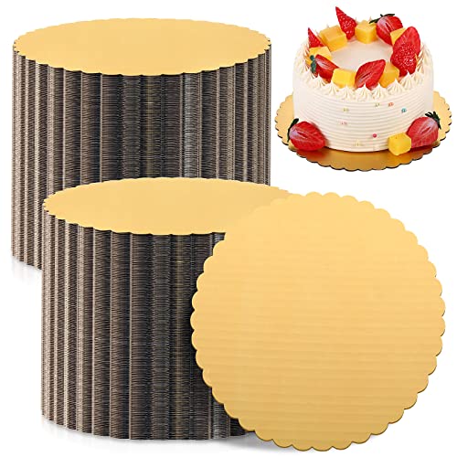 100 Pack Gold Cake Round Board Circle Base Boards Disposable Plate Scalloped Bases Round Coated Circle Trays Base Boards for Dessert Party Supplies8 Inch