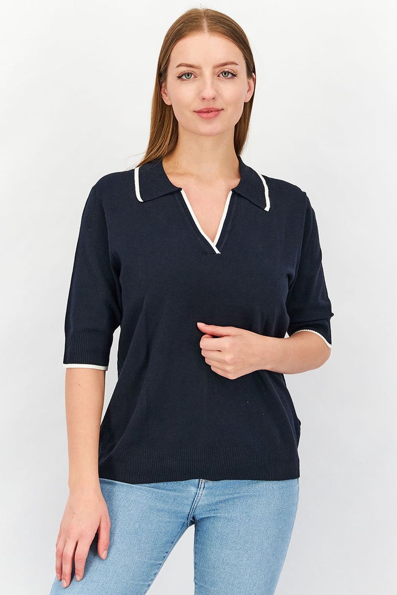 Tchibo Women Split Neck Short Sleeve Solid Polo Shirt, Navy - Image 1