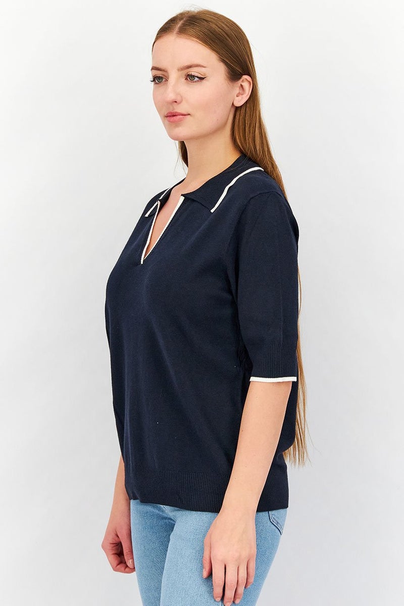 Tchibo Women Split Neck Short Sleeve Solid Polo Shirt, Navy - Image 3
