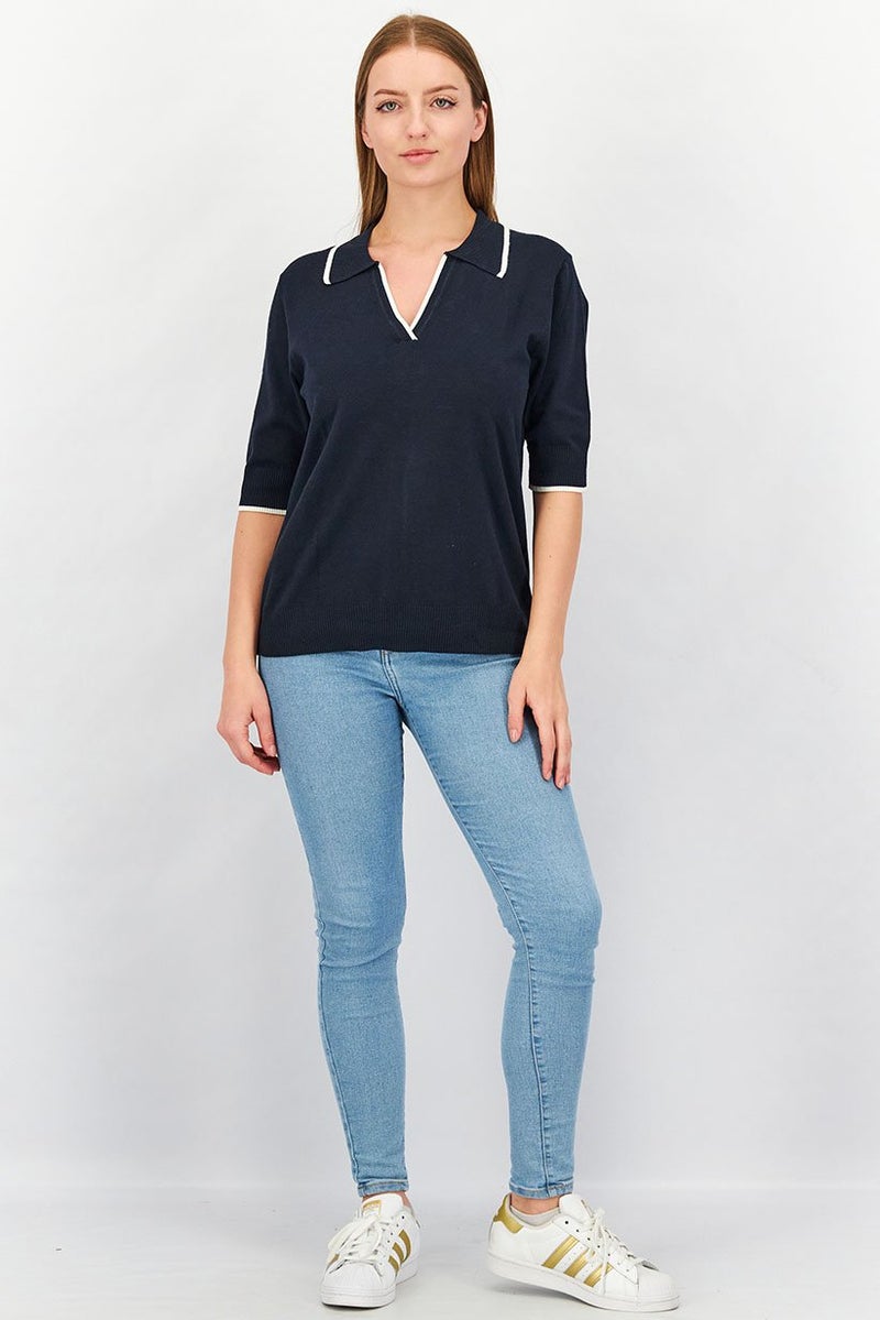 Tchibo Women Split Neck Short Sleeve Solid Polo Shirt, Navy - Image 4