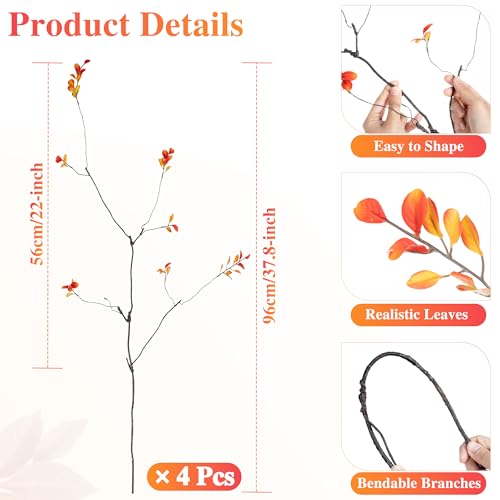 AENTGIU 4 Pcs Fall Stems Artificial Ficus Branches - Faux Thanksgiving Stems for Vases - Fake Fall Branches Vase Filler Centerpieces Autumn Decorations for Home, Table Decor, Entryway Console - Image 2
