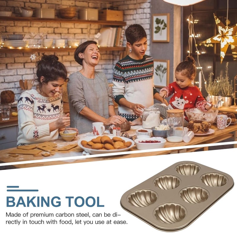 Baking Pan Cake Mold Non-stick Shell Design 6-cavity Golden Bakeware Kitchen Tool for Home Cake Baking - Image 3