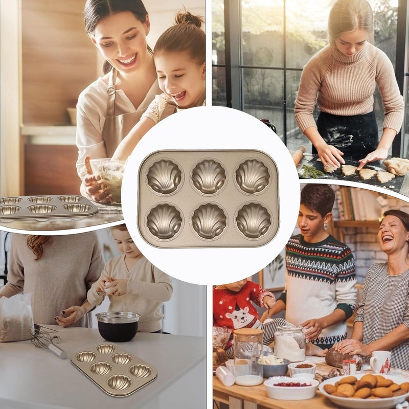 Baking Pan Cake Mold Non-stick Shell Design 6-cavity Golden Bakeware Kitchen Tool for Home Cake Baking - Image 4