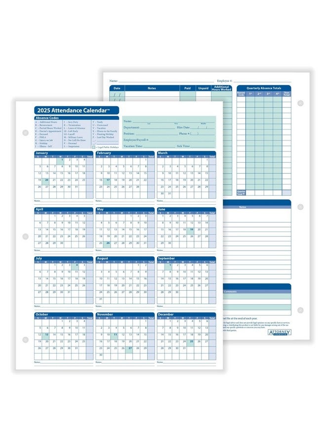 ComplyRight 2025 Attendance Calendar Card, White, Pack Of 25 - Image 1