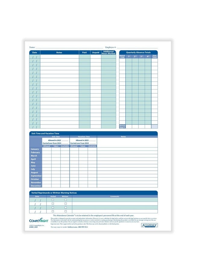 ComplyRight 2025 Attendance Calendar Card, White, Pack Of 25 - Image 3