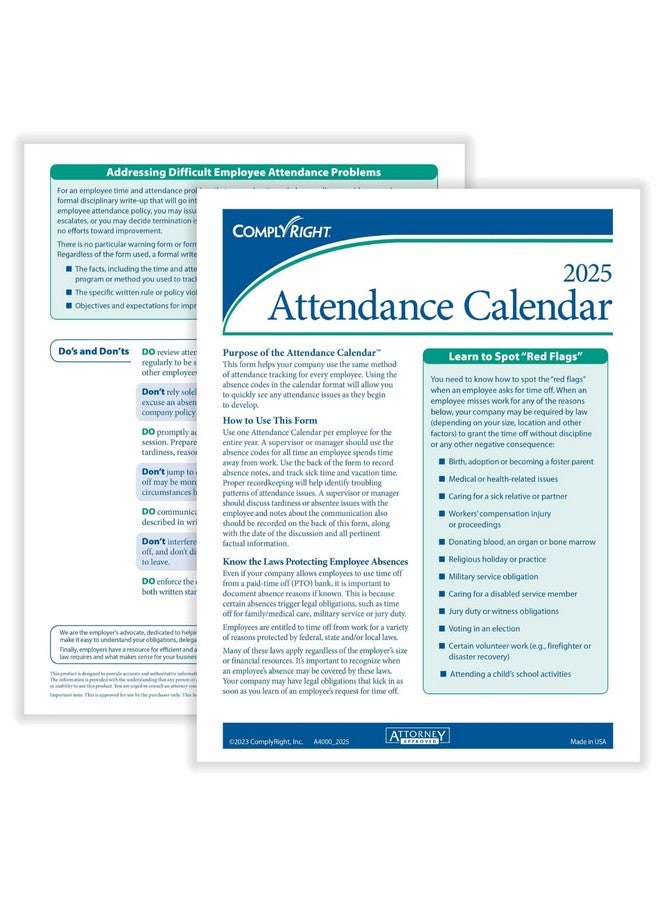 ComplyRight 2025 Attendance Calendar Card, White, Pack Of 25 - Image 4