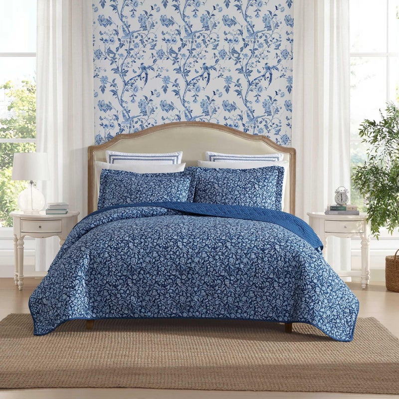 Laura Ashley Quilt Set Super Soft Fabric Bedding with Matching Sham ToileInspired Print Floral Home Essentials Elaina Blue Twin - Image 2