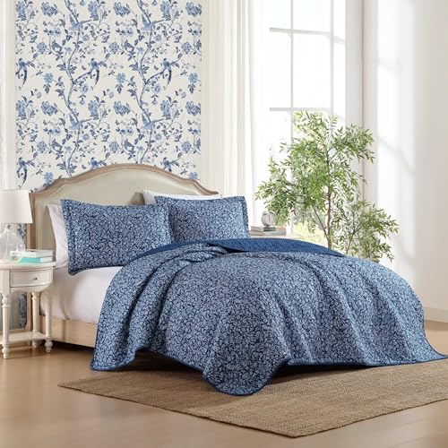 Laura Ashley Quilt Set Super Soft Fabric Bedding with Matching Sham ToileInspired Print Floral Home Essentials Elaina Blue Twin - Image 3