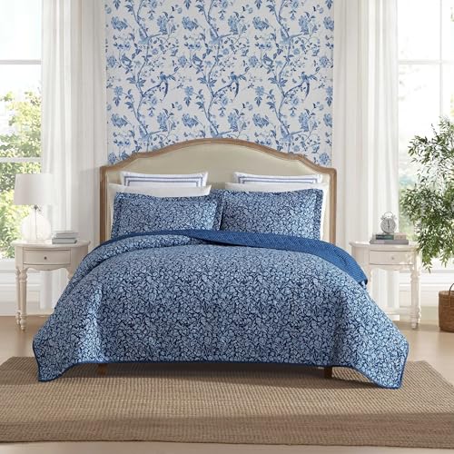 Laura Ashley Quilt Set Super Soft Fabric Bedding with Matching Sham ToileInspired Print Floral Home Essentials Elaina Blue Twin - Image 1