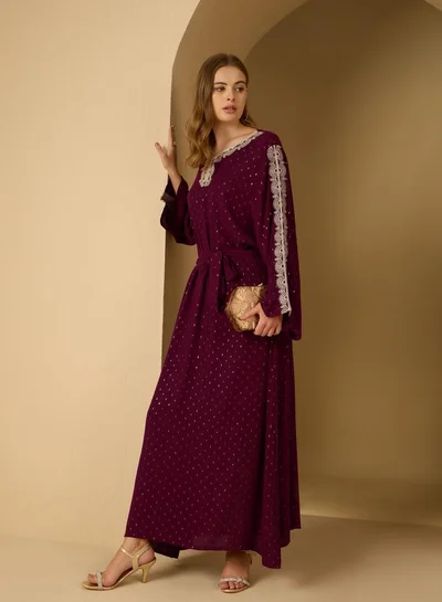 Styli Crinkled Embroidered Detail Jacquard Jalabiya with Fabric Belt