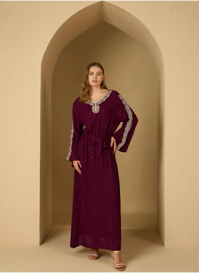 ستايلي Styli Crinkled Embroidered Detail Jacquard Jalabiya with Fabric Belt
